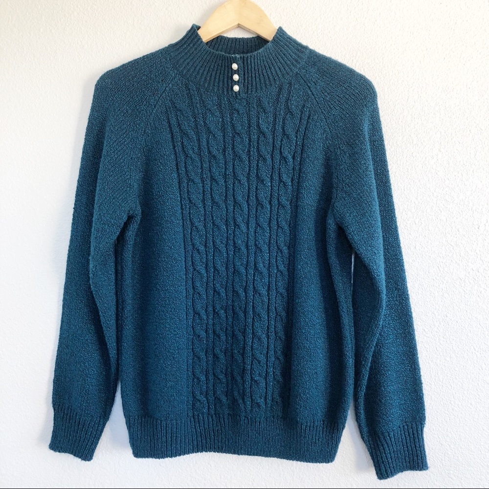 Vintage 90s Teal Blue Knit Mock Neck Sweater Small